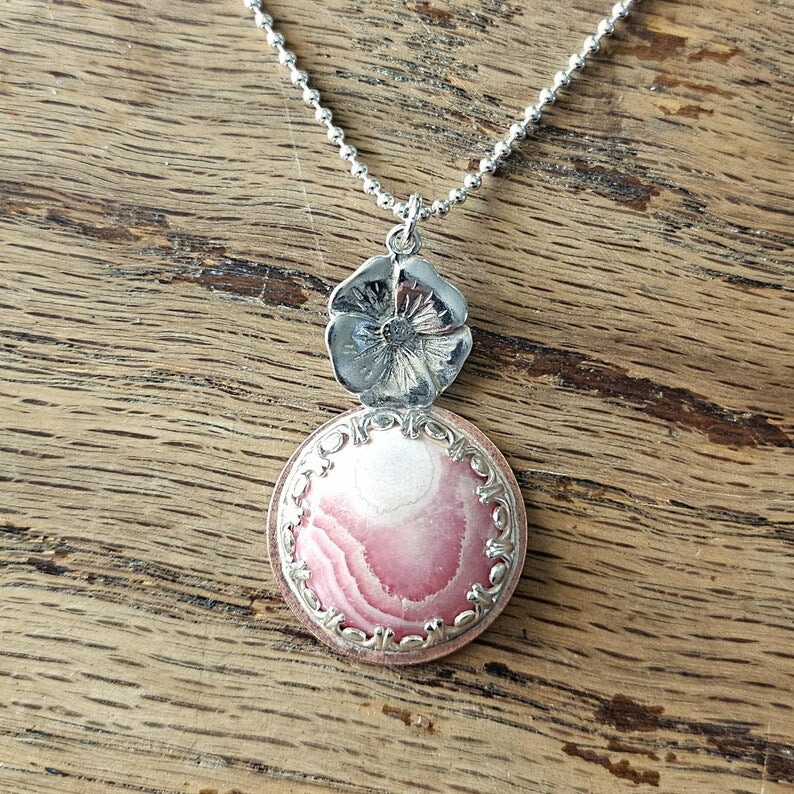 Handcut Argentinian Rhodochrosite Sterling Silver Copper Hibiscus Flower Tropical Necklace