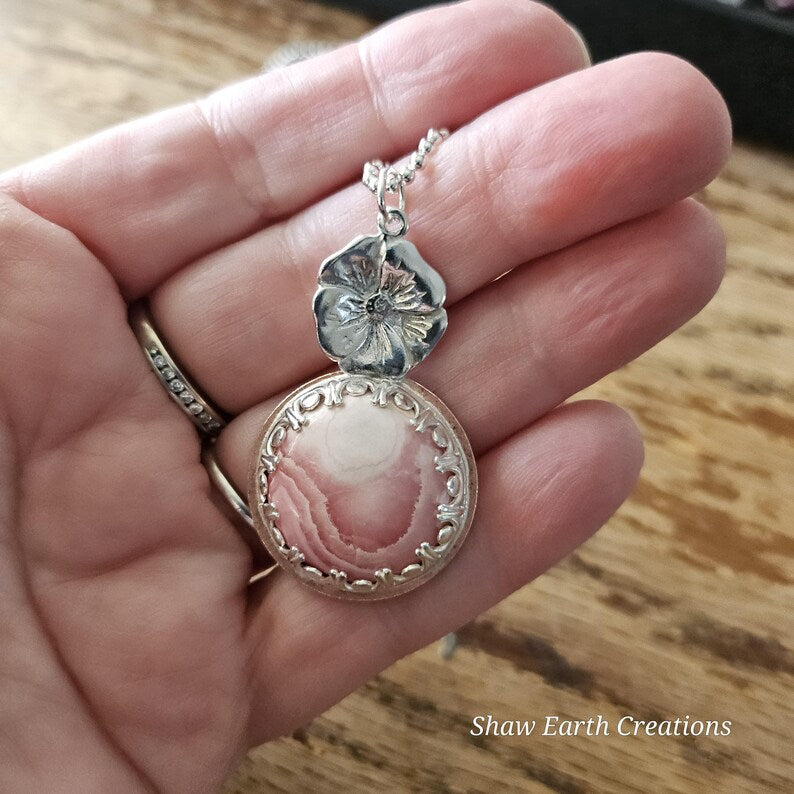 Handcut Argentinian Rhodochrosite Sterling Silver Copper Hibiscus Flower Tropical Necklace