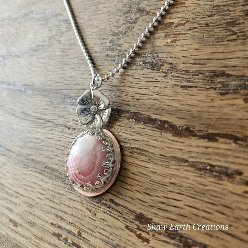 Handcut Argentinian Rhodochrosite Sterling Silver Copper Hibiscus Flower Tropical Necklace