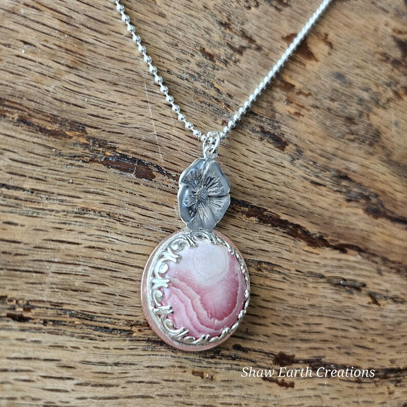 Handcut Argentinian Rhodochrosite Sterling Silver Copper Hibiscus Flower Tropical Necklace