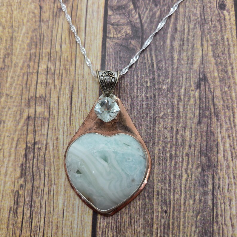 Handcut 4ct Prasiolite and Banded Onyx Copper and Sterling Silver Necklace