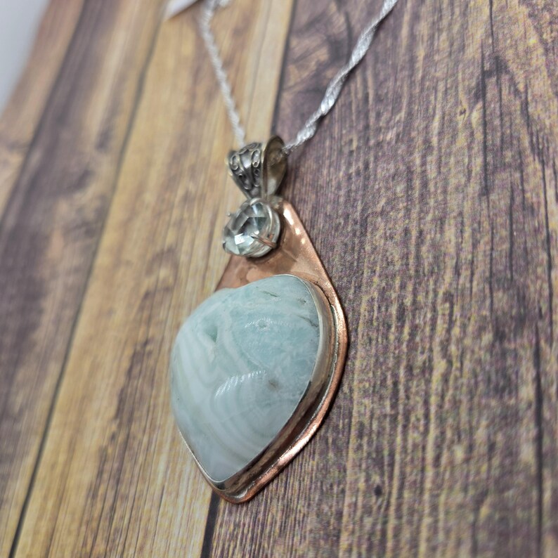 Handcut 4ct Prasiolite and Banded Onyx Copper and Sterling Silver Necklace
