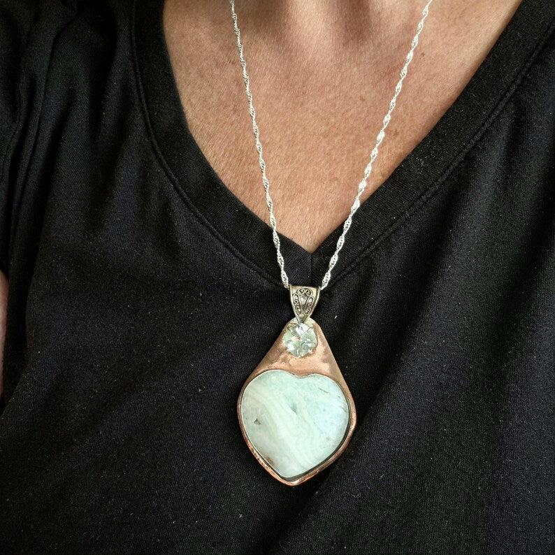 Handcut 4ct Prasiolite and Banded Onyx Copper and Sterling Silver Necklace
