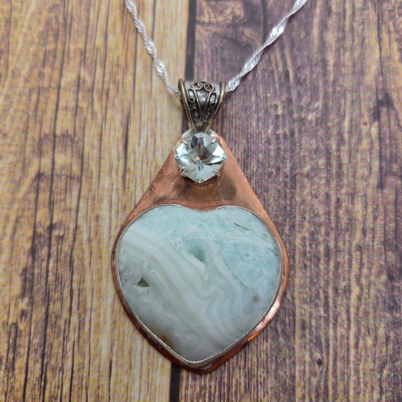 Handcut 4ct Prasiolite and Banded Onyx Copper and Sterling Silver Necklace