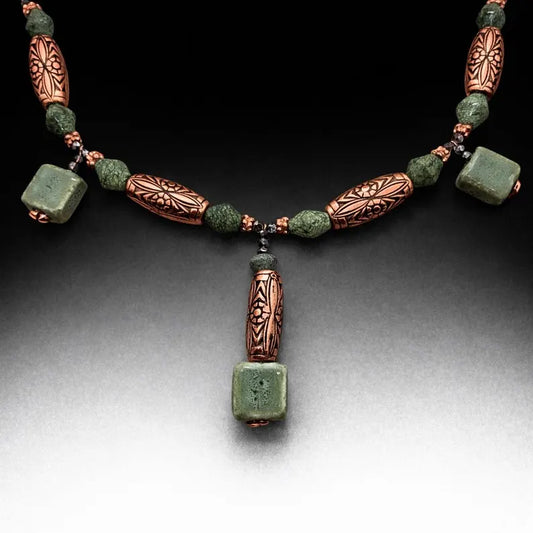 Hand Beaded Serpentine and Copper Necklace