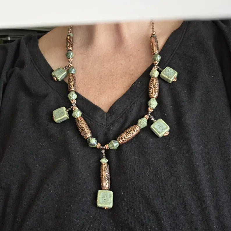 Hand Beaded Serpentine and Copper Necklace