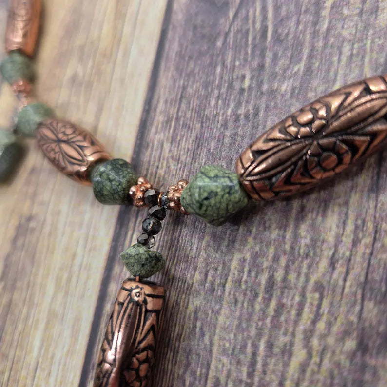 Hand Beaded Serpentine and Copper Necklace