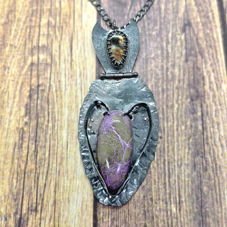 Handcut Finnish Spectrolite and Stitchtite Fantasy Sterling Silver Necklace