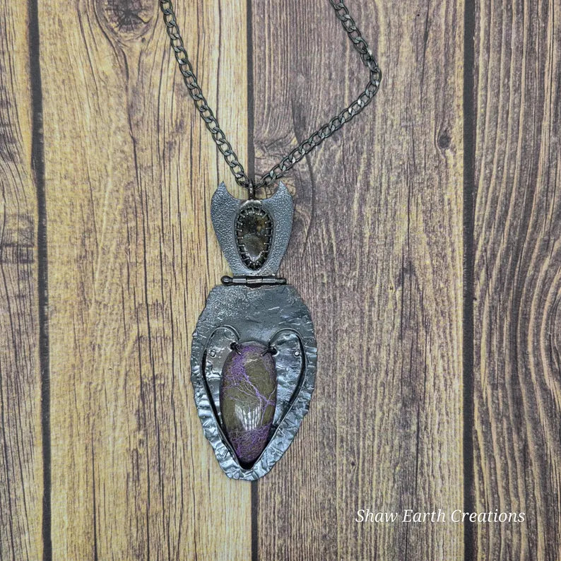 Handcut Finnish Spectrolite and Stitchtite Fantasy Sterling Silver Necklace