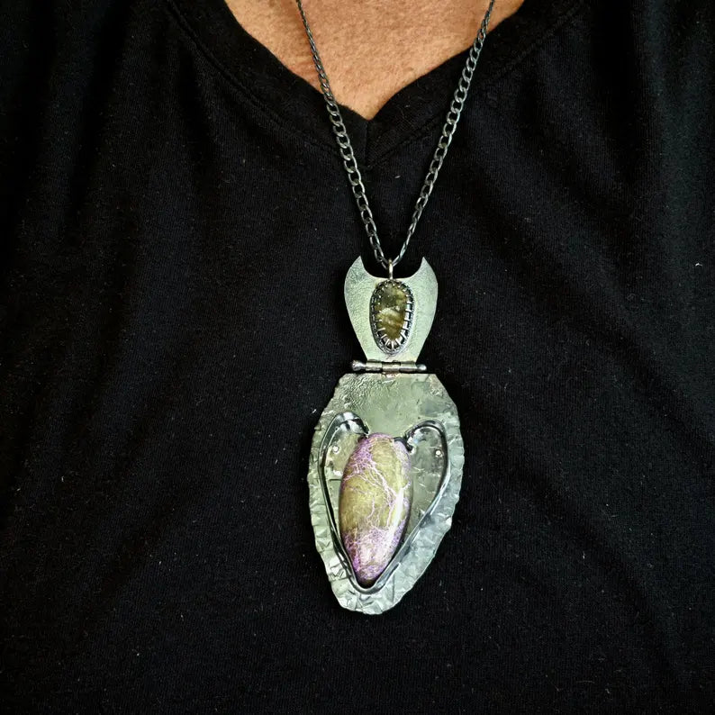 Handcut Finnish Spectrolite and Stitchtite Fantasy Sterling Silver Necklace