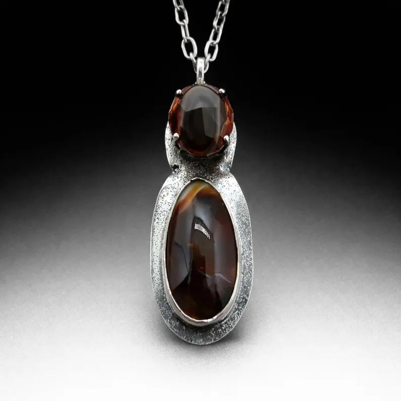 Handcut Fire Opal and Fire Agate Sterling Silver Two Stone Necklace