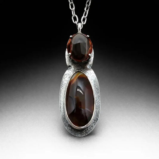 Handcut Fire Opal and Fire Agate Sterling Silver Two Stone Necklace