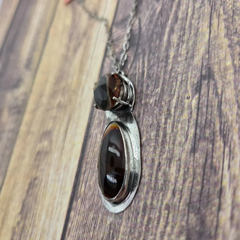 Handcut Fire Opal and Fire Agate Sterling Silver Two Stone Necklace