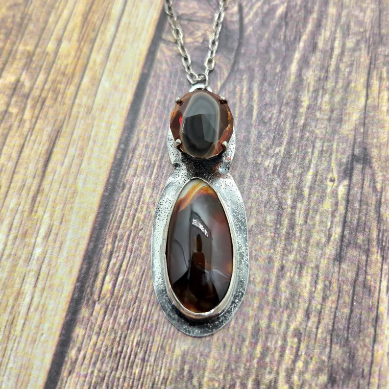 Handcut Fire Opal and Fire Agate Sterling Silver Two Stone Necklace