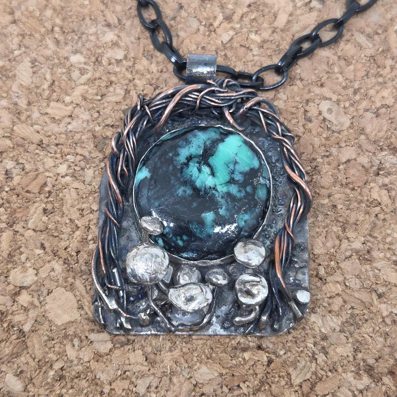 Handcut Variscite Mushroom Portal Sterling Silver Necklace