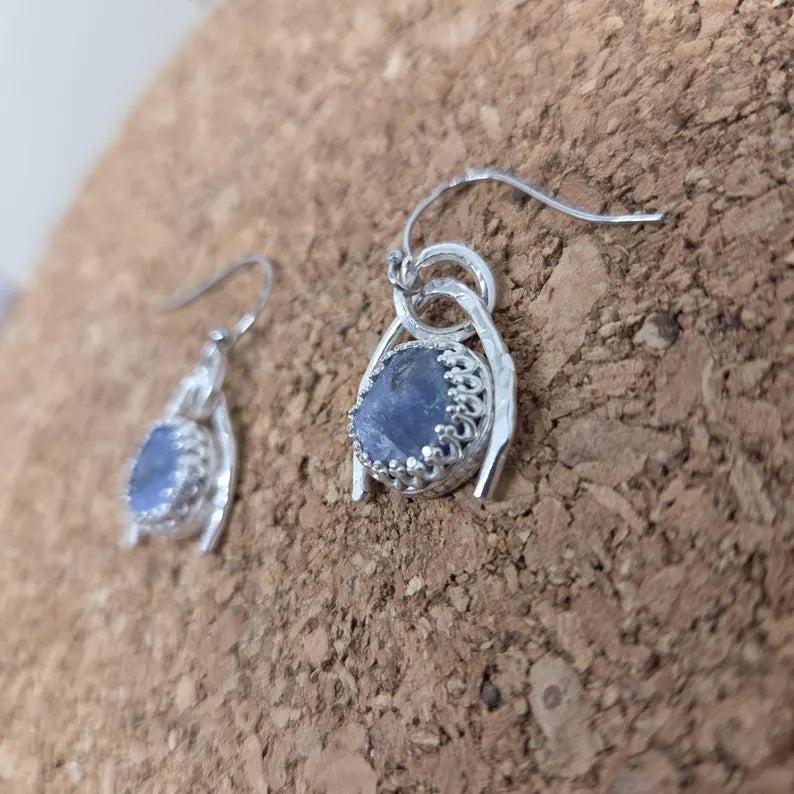Handcut 8ct Raw Blue Sapphire Sterling Silver Dangle Earrings