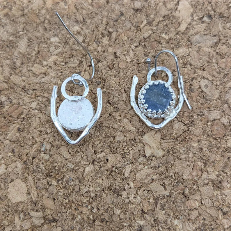 Handcut 8ct Raw Blue Sapphire Sterling Silver Dangle Earrings