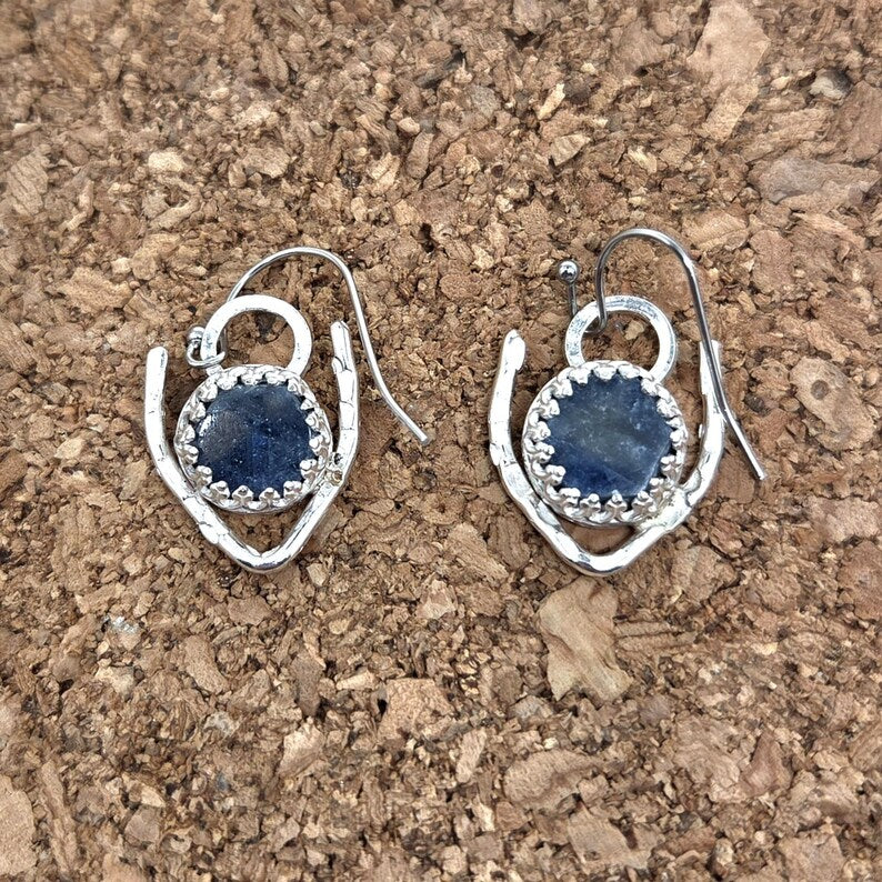 Handcut 10ct Raw Blue Sapphire Sterling Silver Dangle Earrings
