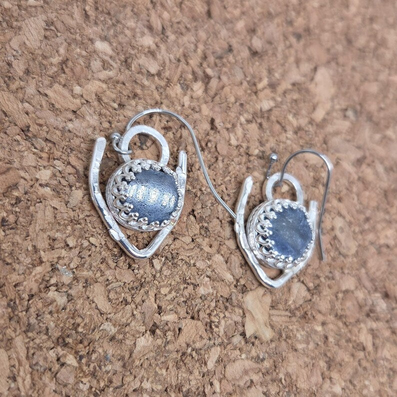 Handcut 10ct Raw Blue Sapphire Sterling Silver Dangle Earrings