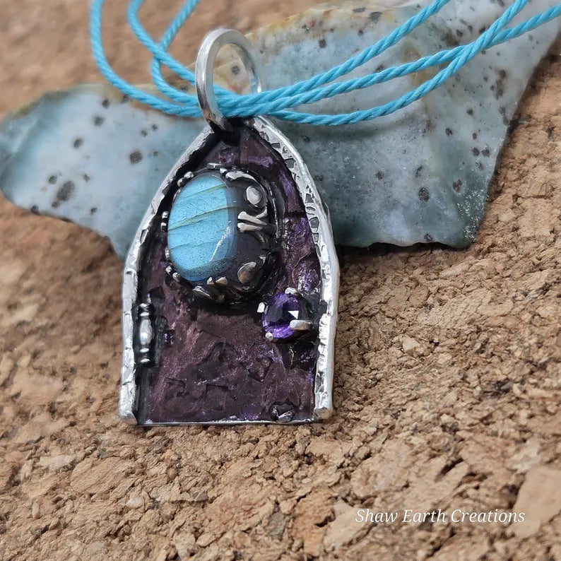 Handcut Amethyst and Labradorite Sterling Silver Fantasy Necklace