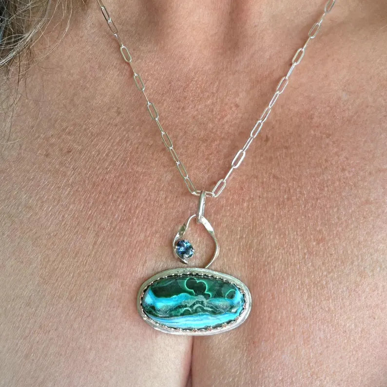 Handcut 3ct Blue Topaz and Azurite Malachite Sterling Silver Necklace