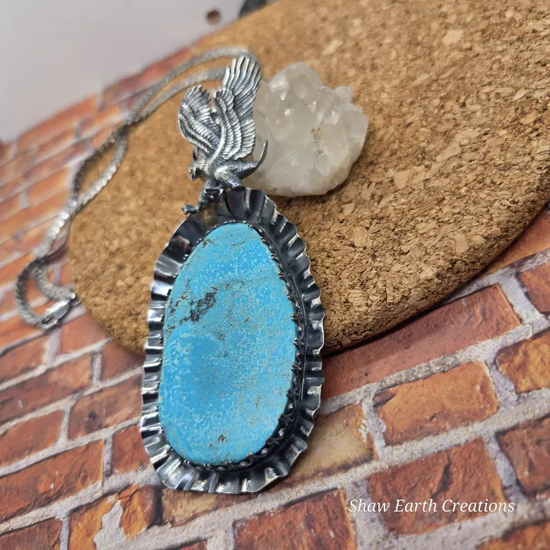 Handcut 104ct Natural Waterweb Turquoise Sterling Silver Necklace