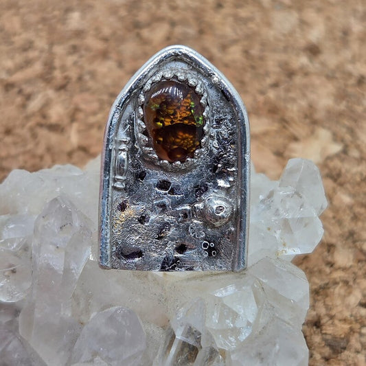 Handcut Fire Agate Fairy Door Sterling Silver Ring