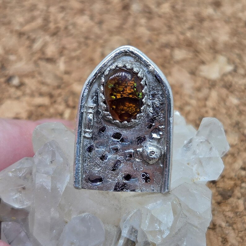 Handcut Fire Agate Fairy Door Sterling Silver Ring