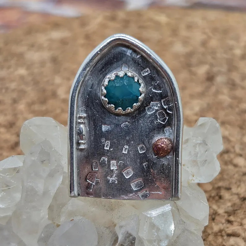 Handcut Gem Silica Fairy Door Sterling Silver Ring