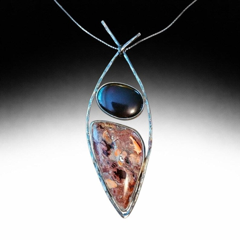 Handcrafted 44ct Garnet and Mexican Opal Sterling Silver Necklace
