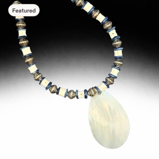 Hand Beaded Mother of Pearl, Kyanite and Fishbone Necklace