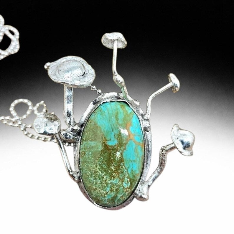 Handcrafted Enchanted Forest Mushroom Necklace with Large Handcut Royston Turquoise in Sterling Silver