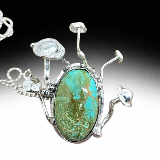 Handcrafted Enchanted Forest Mushroom Necklace with Large Handcut Royston Turquoise in Sterling Silver