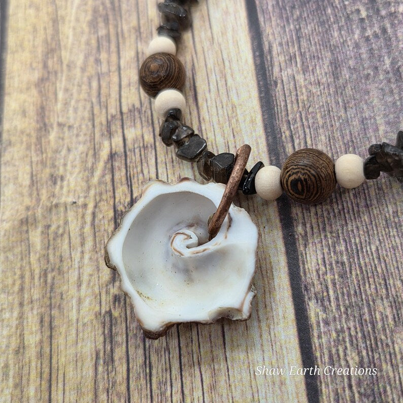 Handcut Welk Shell Elephant Skin Jasper Smoky Quartz Beaded Necklace