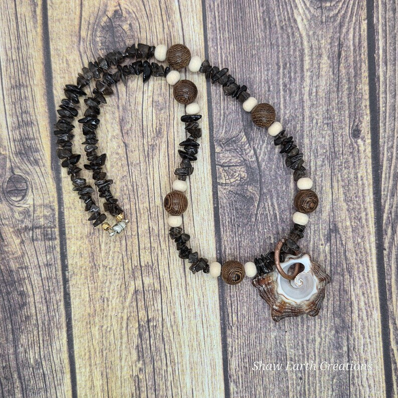 Handcut Welk Shell Elephant Skin Jasper Smoky Quartz Beaded Necklace