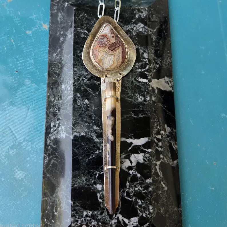 Handcut Crazy Lace Agate Porcupine Quill Necklace