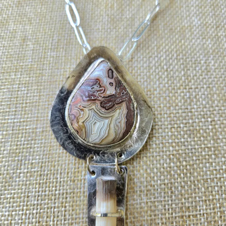 Handcut Crazy Lace Agate Porcupine Quill Necklace