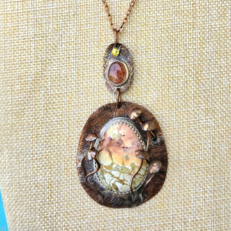 Handcut Peridot Rhyolite Sunstone Unakite Copper Necklace