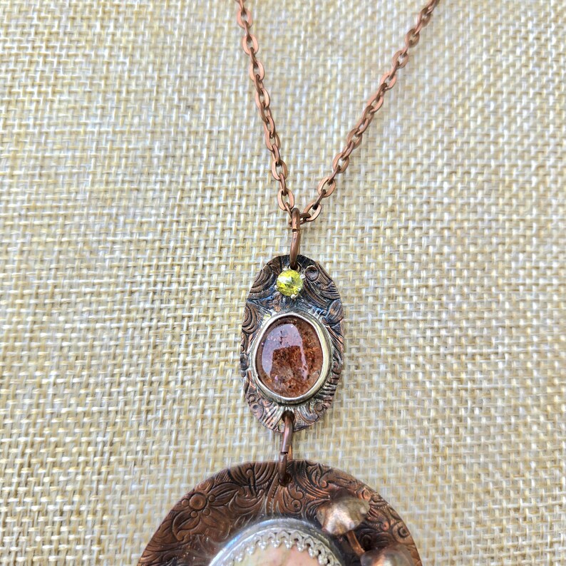 Handcut Peridot Rhyolite Sunstone Unakite Copper Necklace