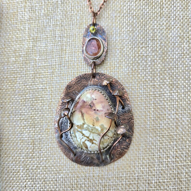 Handcut Peridot Rhyolite Sunstone Unakite Copper Necklace