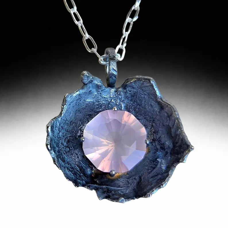 Handcut 11ct Rose Quartz Silver Necklace