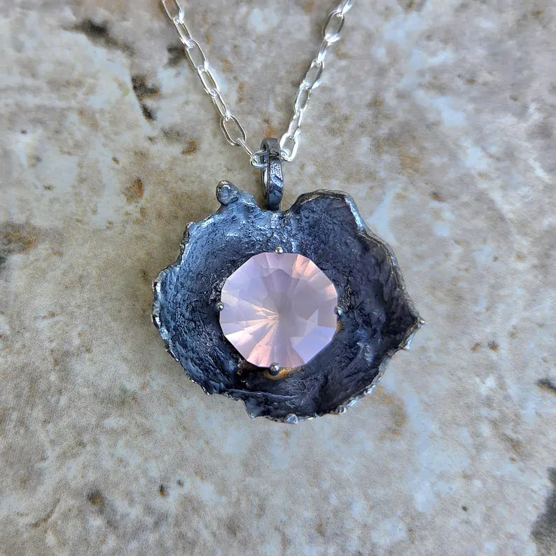 Handcut 11ct Rose Quartz Silver Necklace