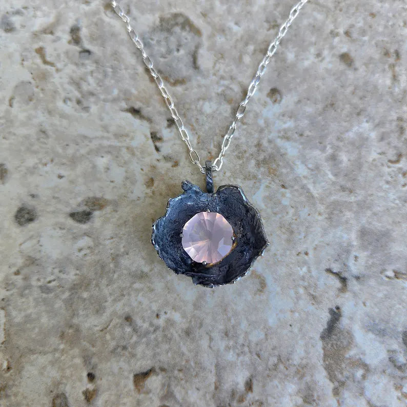 Handcut 11ct Rose Quartz Silver Necklace