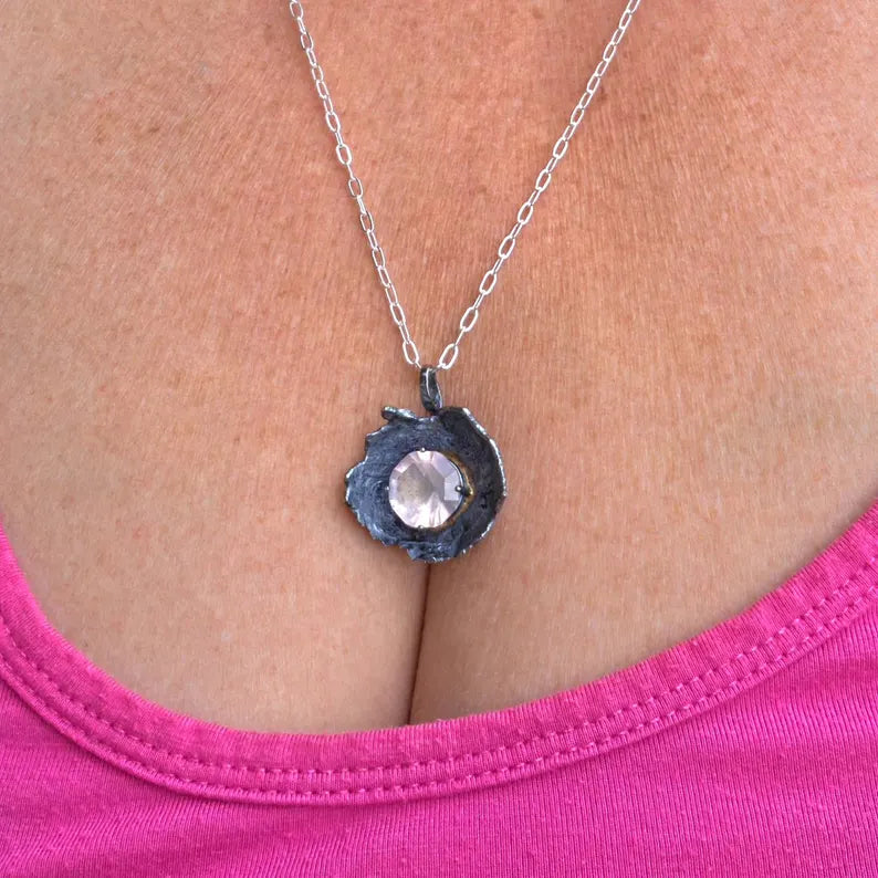Handcut 11ct Rose Quartz Silver Necklace