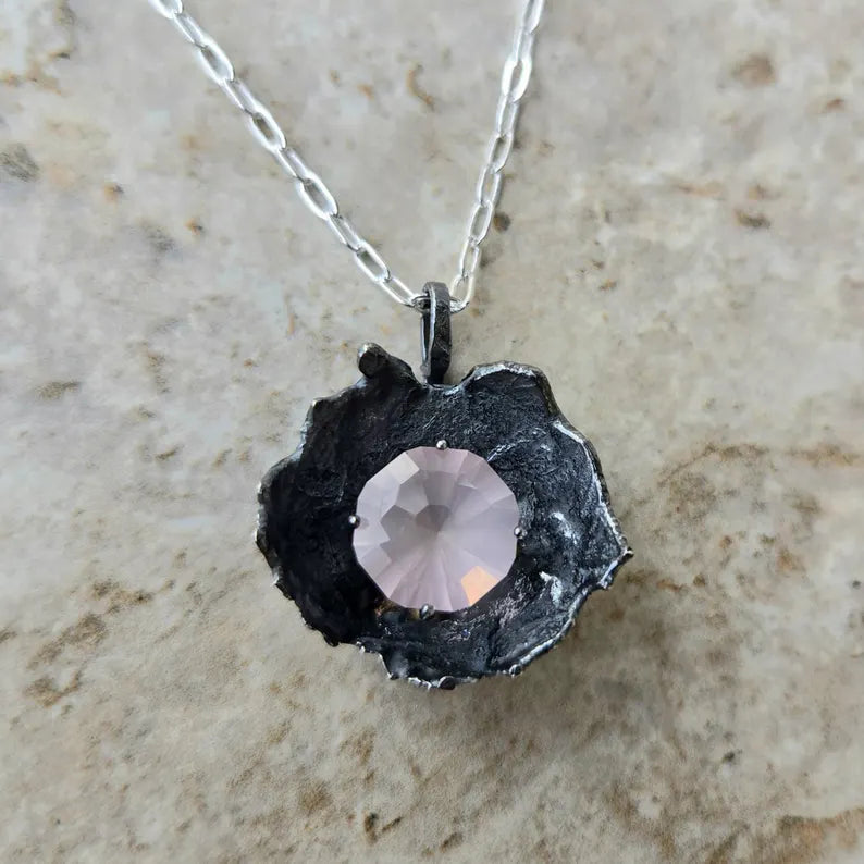 Handcut 11ct Rose Quartz Silver Necklace