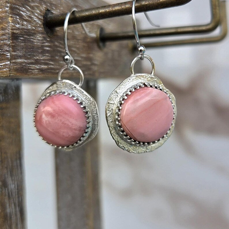 Handcut Peruvian Pink Opal Silver Earrings