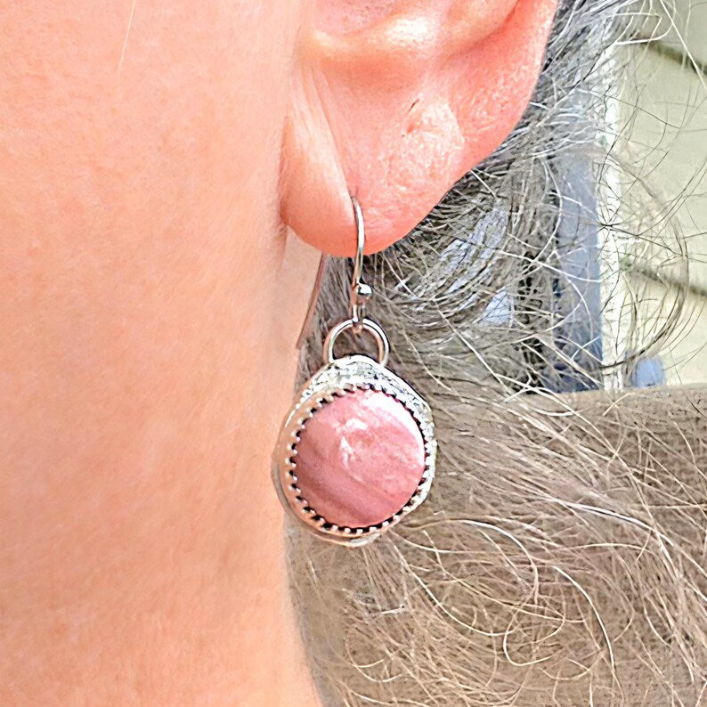 Handcut Peruvian Pink Opal Silver Earrings