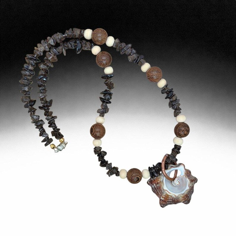 Handcut Welk Shell Elephant Skin Jasper Smoky Quartz Beaded Necklace