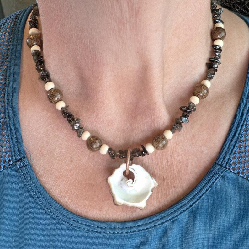 Handcut Welk Shell Elephant Skin Jasper Smoky Quartz Beaded Necklace