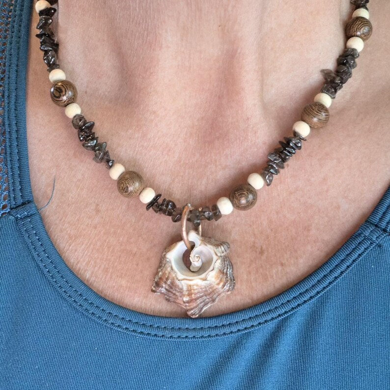 Handcut Welk Shell Elephant Skin Jasper Smoky Quartz Beaded Necklace